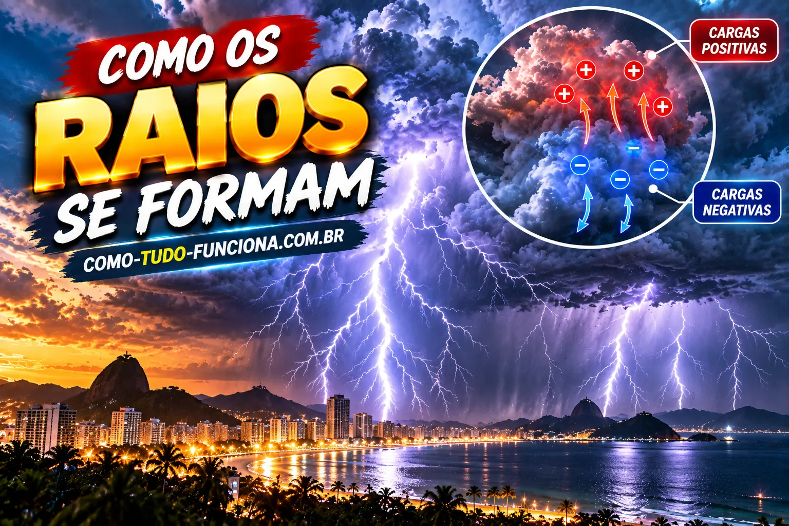 Raios caindo sobre uma cidade à noite, com detalhe da nuvem mostrando cargas positivas no topo e negativas embaixo, e o título Como os raios se formam