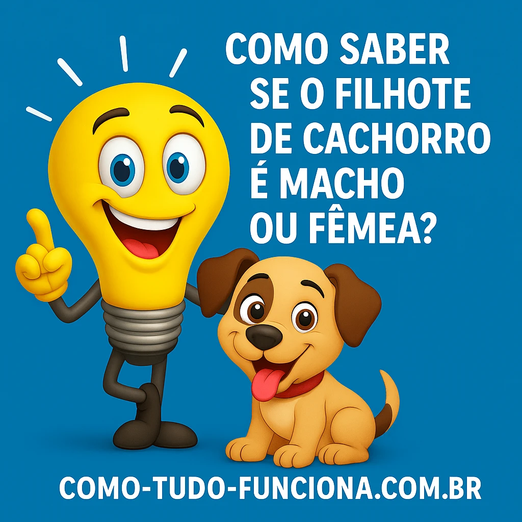 Mascote lâmpada ao lado de um filhote de cachorro, com o título Como saber se o filhote de cachorro é macho ou fêmea?