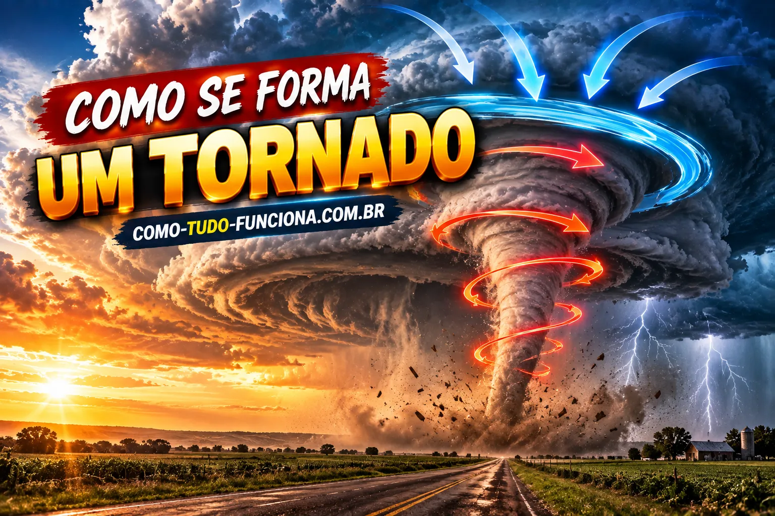 Tornado em forma de funil descendo de uma nuvem escura sobre uma estrada no campo, com setas mostrando o ar girando, e o título Como se forma um tornado