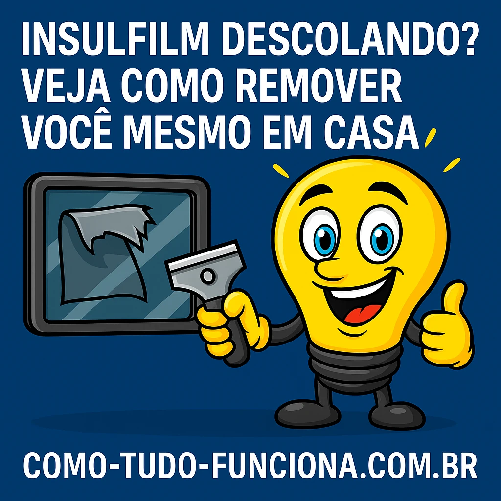 Mascote lâmpada com uma espátula diante de uma janela com película descolando, com o título Insulfilm descolando?