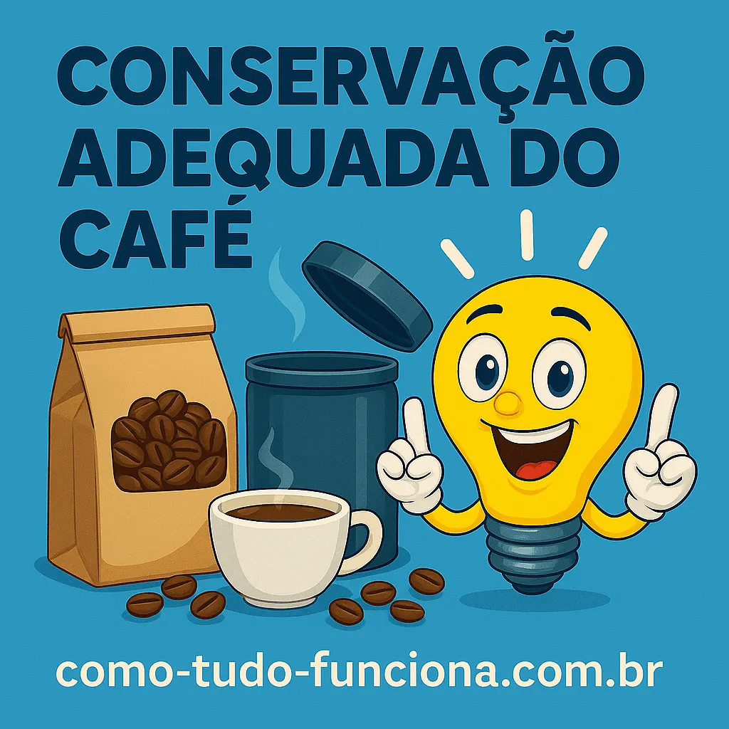 Mascote lâmpada ao lado de um pacote de café, pote e xícara, com o título Conservação adequada do café