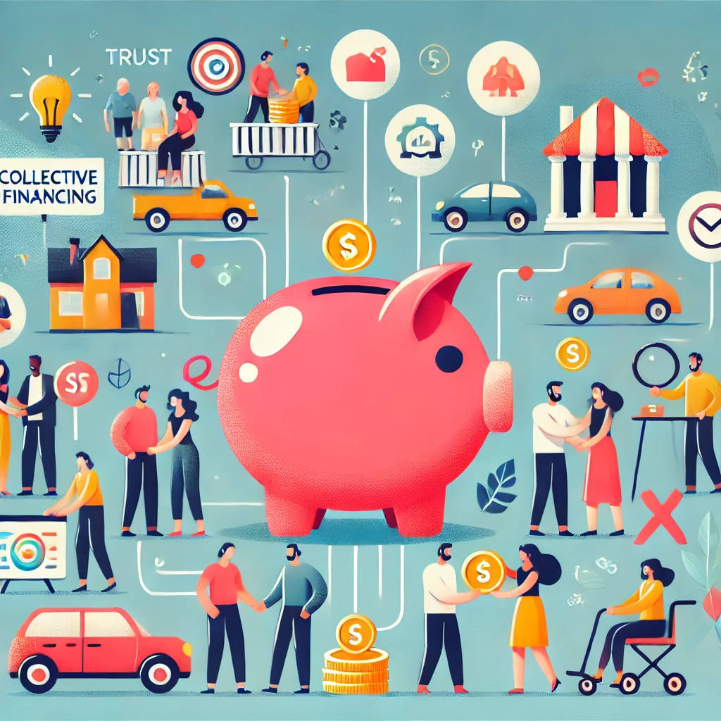 Ilustração de um cofrinho rosa cercado de pessoas, carros e casas, sobre financiamento coletivo