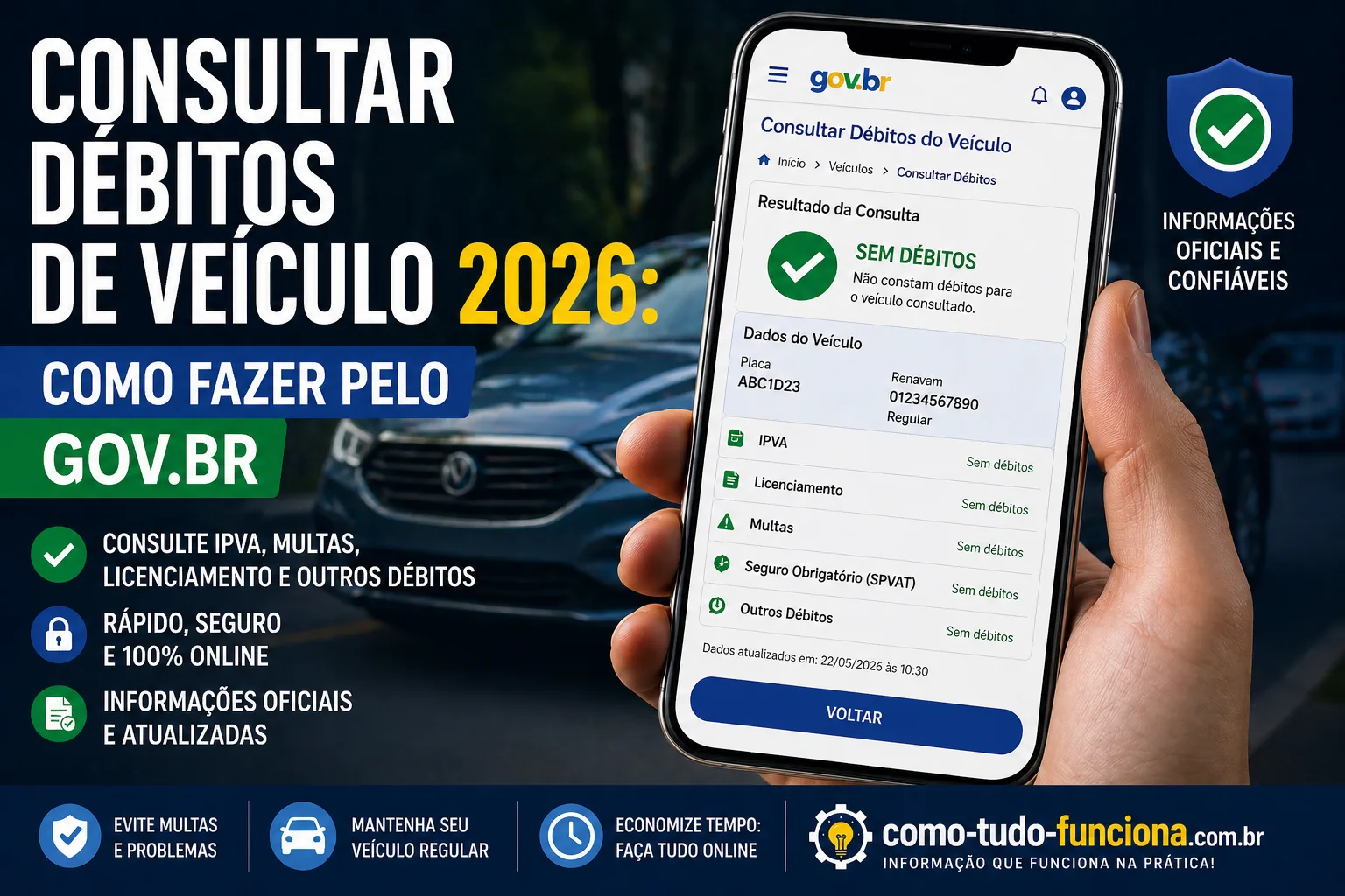 Mão segurando um celular com a consulta de débitos, com o título Consultar débitos de veículo 2026