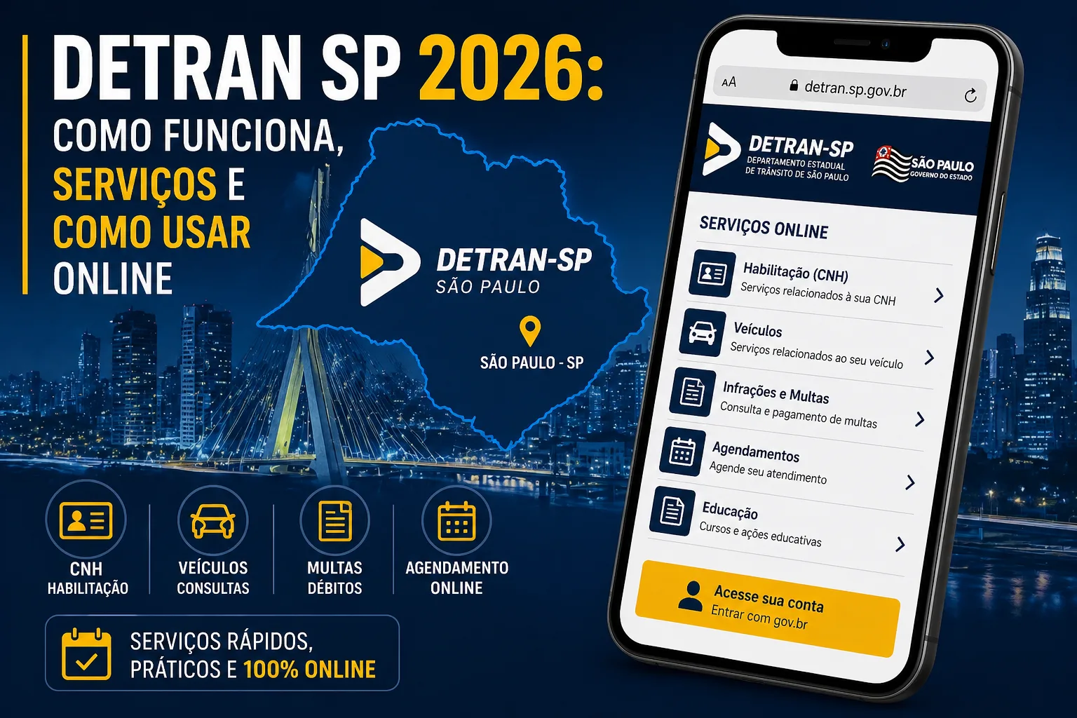 Celular com o aplicativo do Detran SP, com o título Detran SP 2026: como funciona, serviços e como usar online