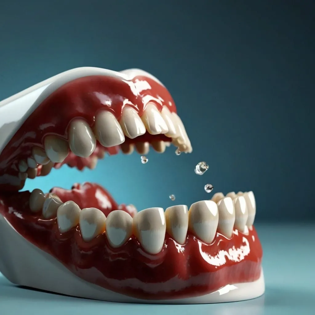 Modelo de dentadura com gengiva vermelha e dentes brancos