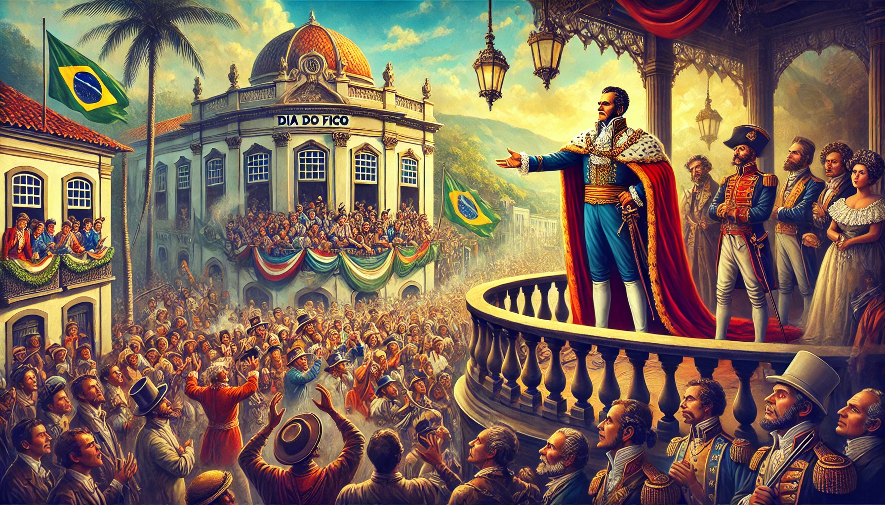 Ilustração de um homem discursando em uma varanda diante de uma multidão, cena do Dia do Fico