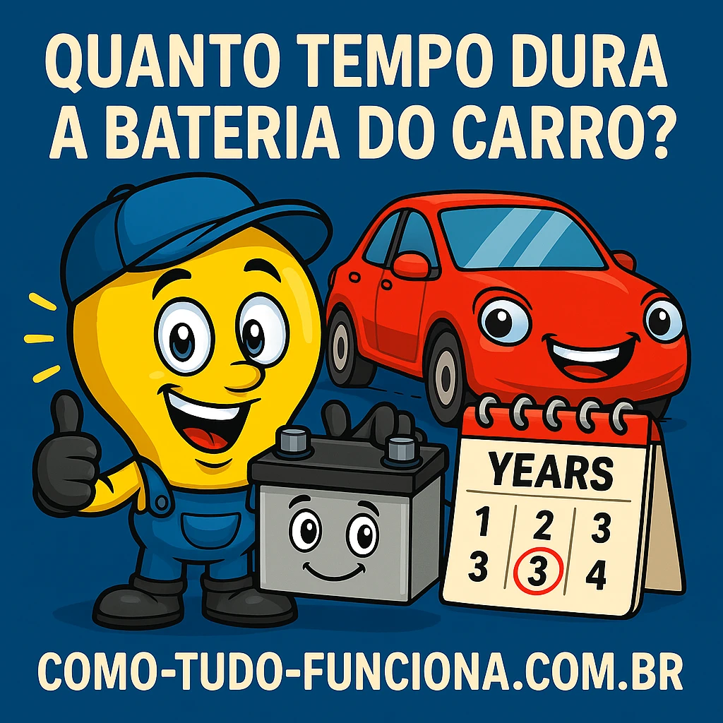 Mascote lâmpada de mecânico ao lado de uma bateria, um carro vermelho e um calendário, com o título Quanto tempo dura a bateria do carro?