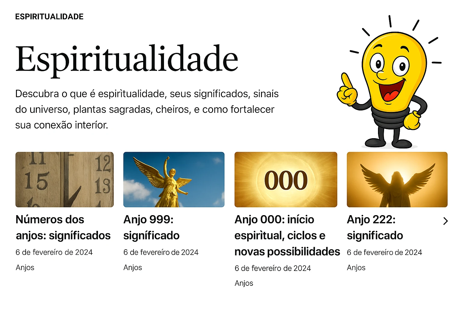 Ilustração da categoria Espiritualidade com personagem de lâmpada sorridente e artigos sobre anjos