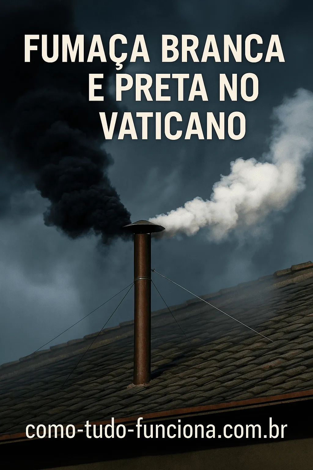 Chaminé soltando fumaça escura sobre um telhado, com o título Fumaça branca e preta no Vaticano