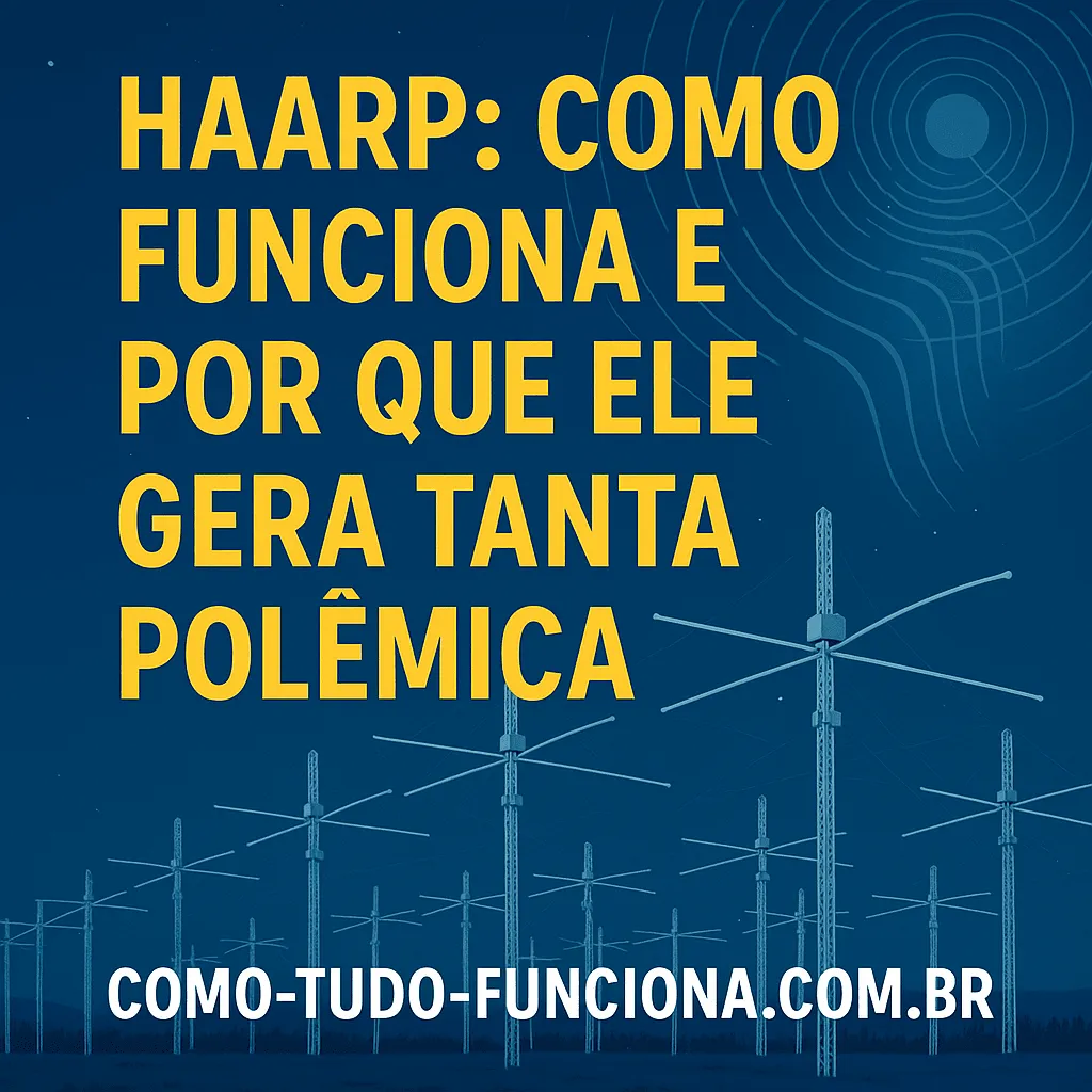 Antenas em um campo sob fundo azul, com o título HAARP: como funciona e por que ele gera tanta polêmica