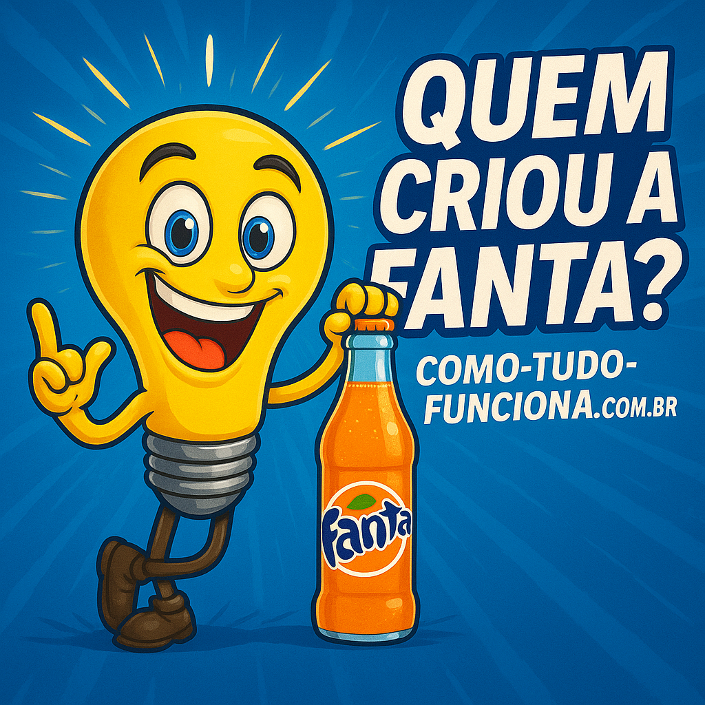 Mascote lâmpada segurando uma garrafa de Fanta, com o título Quem criou a Fanta?