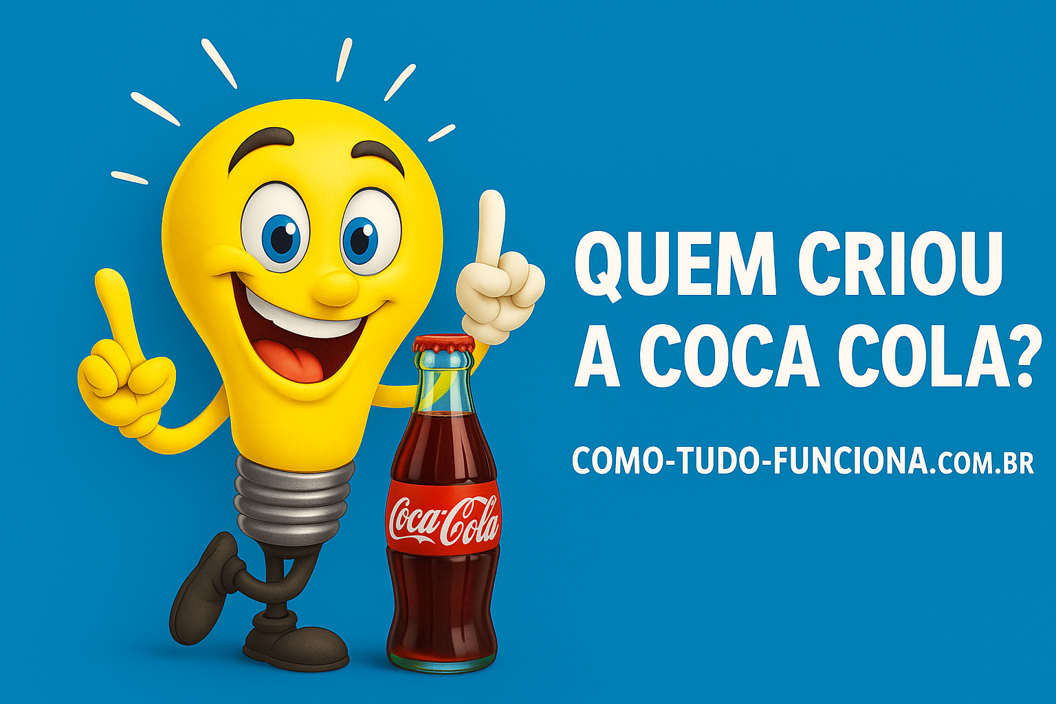Mascote lâmpada ao lado de uma garrafa de Coca-Cola, com o título Quem criou a Coca-Cola?