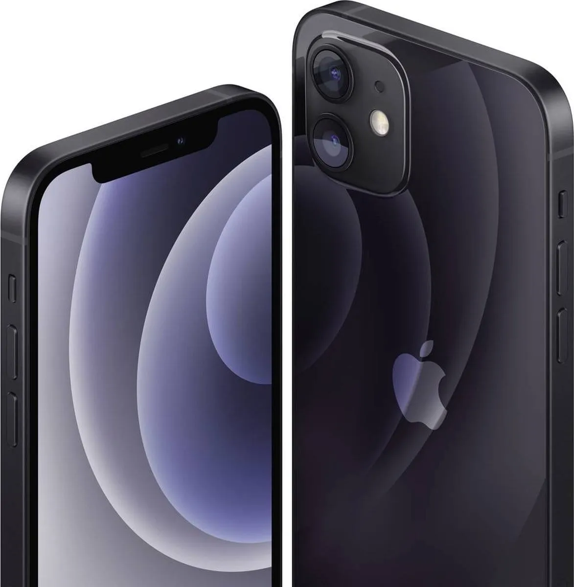 Dois iPhone 12 pretos vistos de frente e de trás