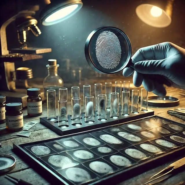 Lupa sobre uma impressão digital em um laboratório com tubos de ensaio