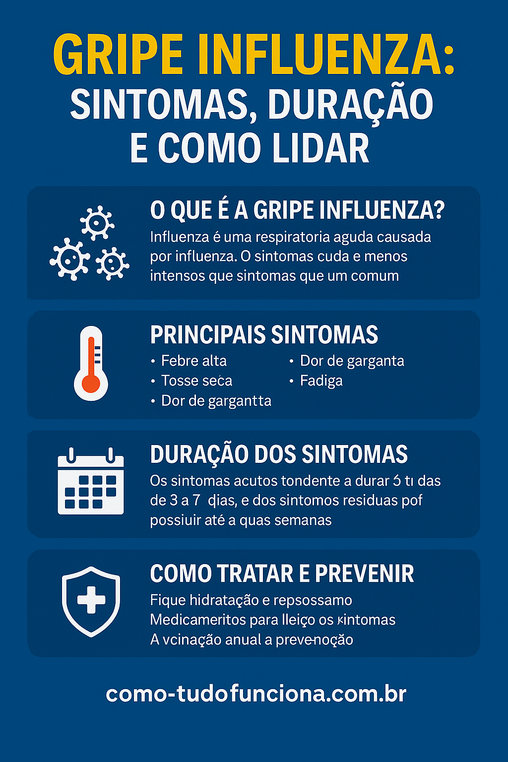 Descubra os principais sintomas da gripe, quanto tempo ela dura e como lidar com ela de forma leve e eficaz. Informação confiável e divertida do como-tudo-funciona.com.br!

