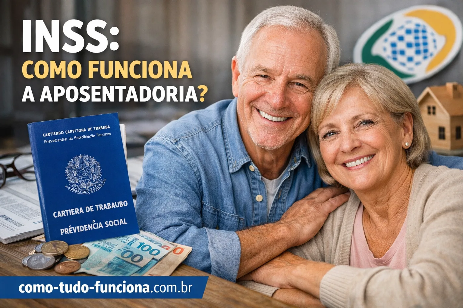 Casal de idosos sorrindo com a carteira de trabalho, com o título INSS: como funciona a aposentadoria?