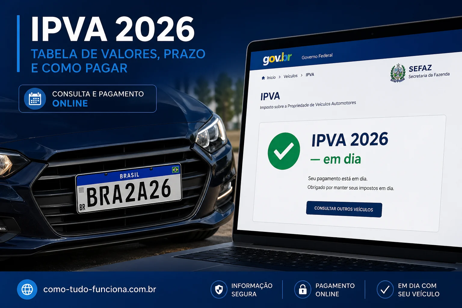 Carro com placa BRA2A26 diante de uma tela de pagamento, com o título IPVA 2026: tabela de valores, prazo e como pagar