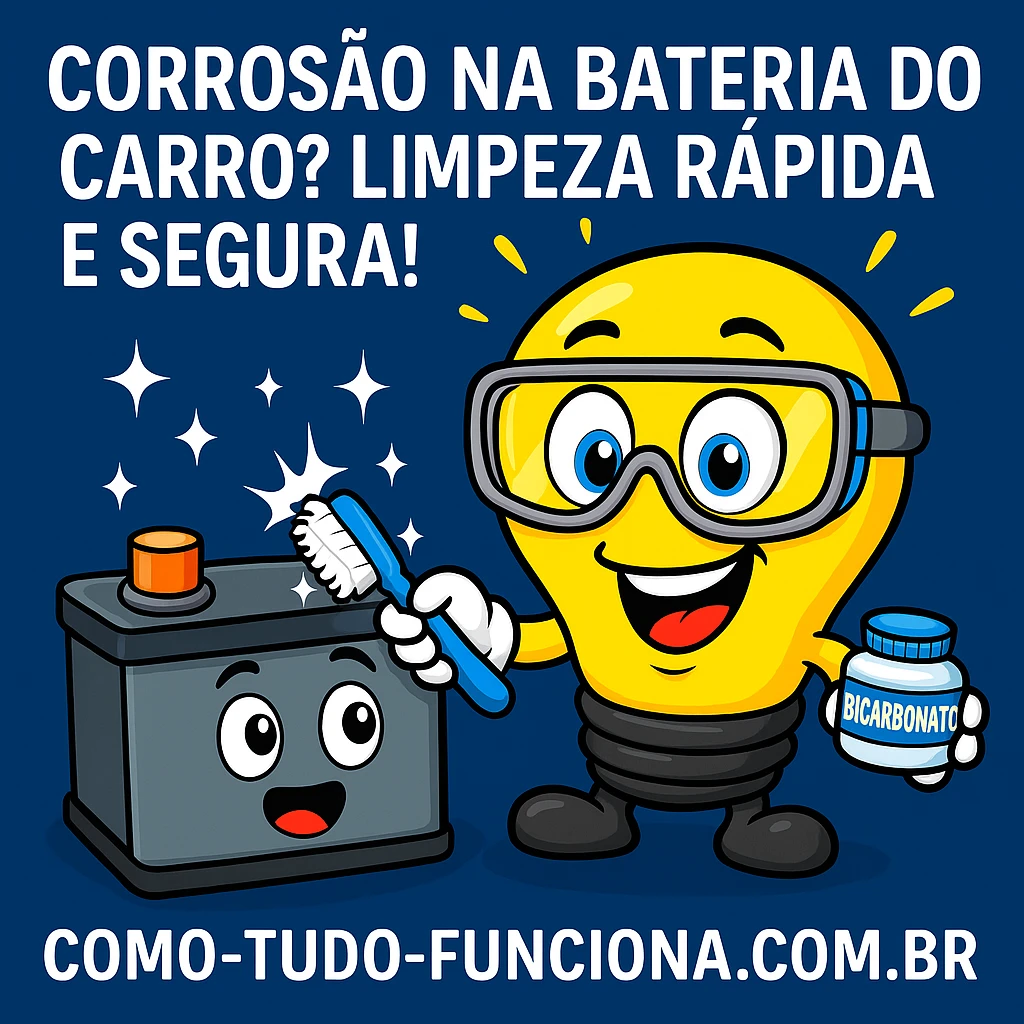 Mascote lâmpada de óculos de proteção limpando uma bateria de carro, com o título Corrosão na bateria do carro?
