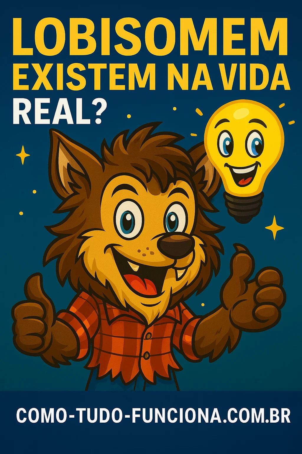 Lobisomem de desenho animado e mascote lâmpada, com o título Lobisomem existem na vida real?