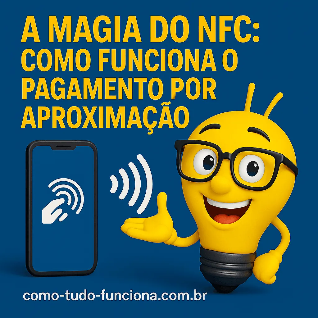 Mascote lâmpada apontando para um celular com o símbolo de pagamento por aproximação, com o título A magia do NFC