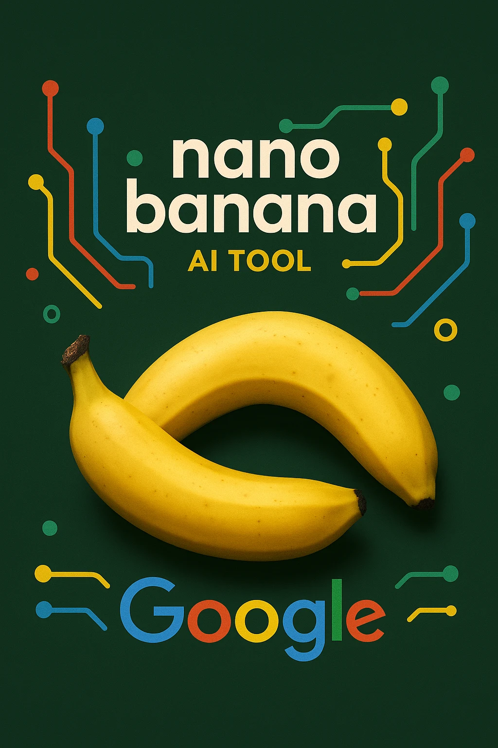 Banana amarela com o texto Nano Banana AI tool e o logotipo do Google