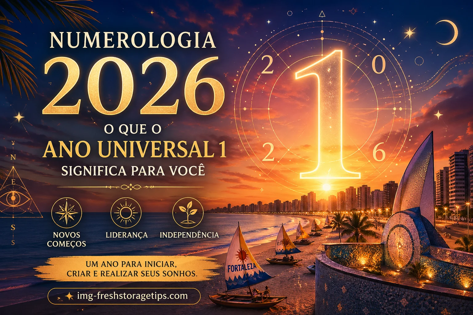 Paisagem ao pôr do sol com o número 1 dourado, com o título Numerologia 2026: o que o ano universal 1 significa para você