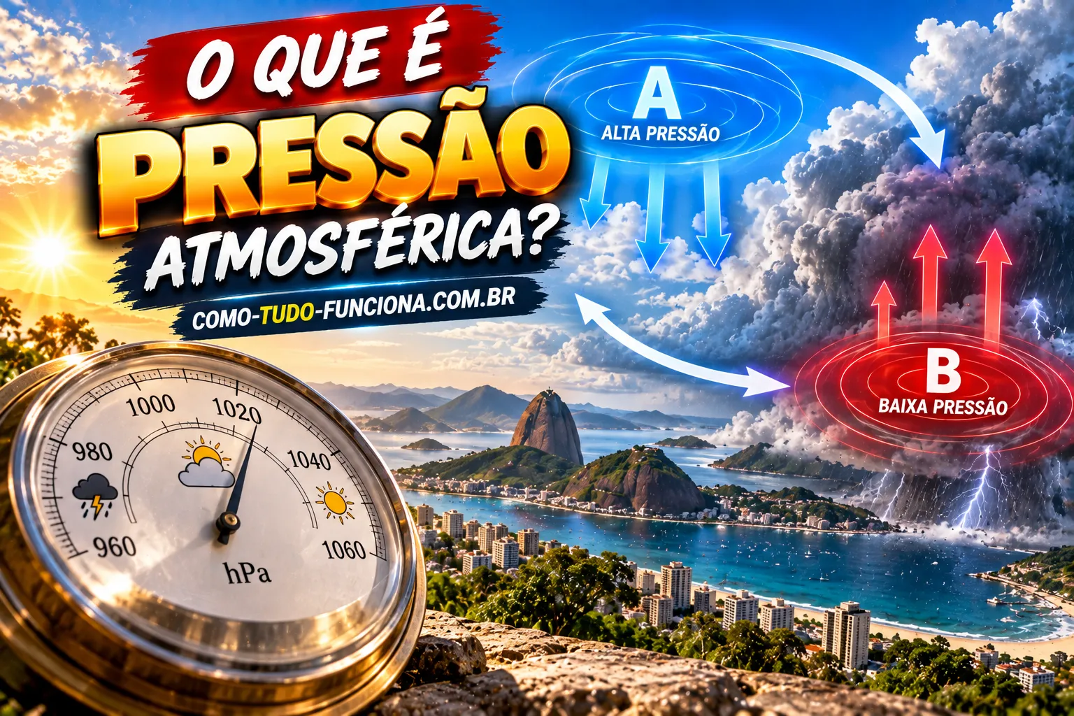 Barômetro analógico marcando a pressão em hPa diante de uma paisagem com nuvens, com as letras A de alta pressão e B de baixa pressão, e o título O que é pressão atmosférica