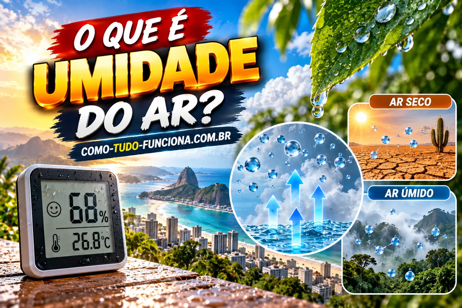 Higrômetro digital marcando 68% de umidade ao lado de gotas de água no ar, com comparação entre ar seco e ar úmido e o título O que é umidade do ar