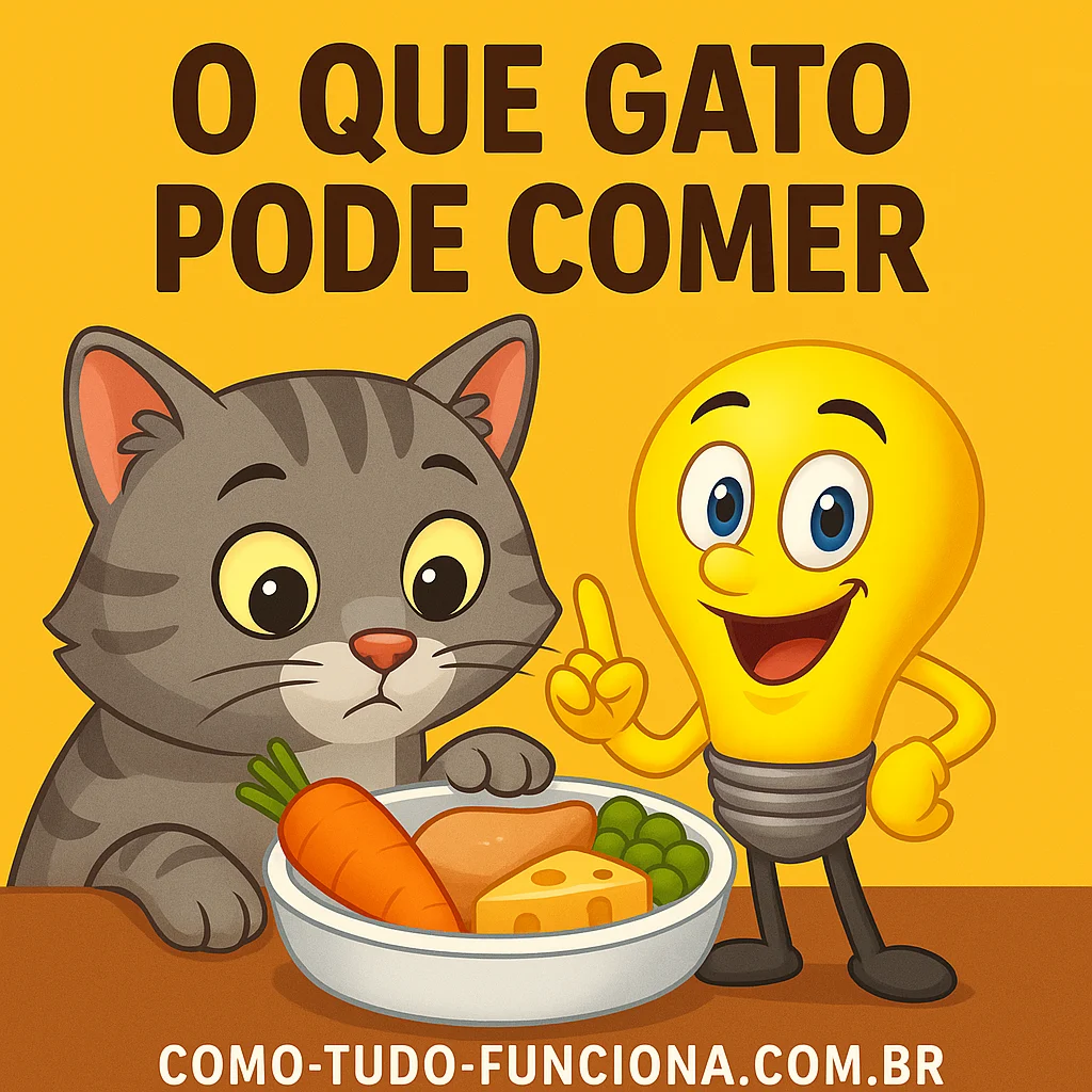 Gato e mascote lâmpada diante de uma tigela de comida, com o título O que gato pode comer