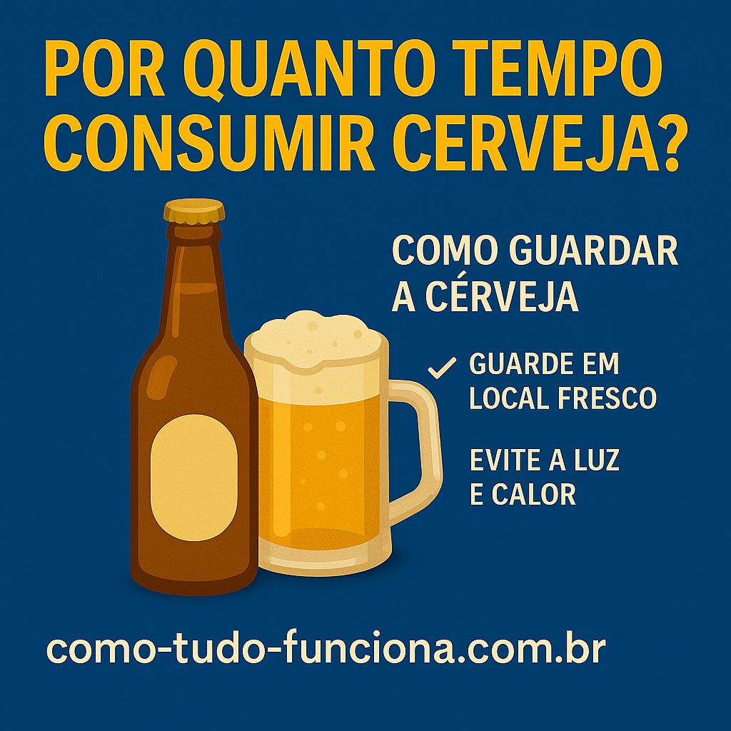 Garrafa e caneca de cerveja com dicas de armazenamento, com o título Por quanto tempo consumir cerveja?