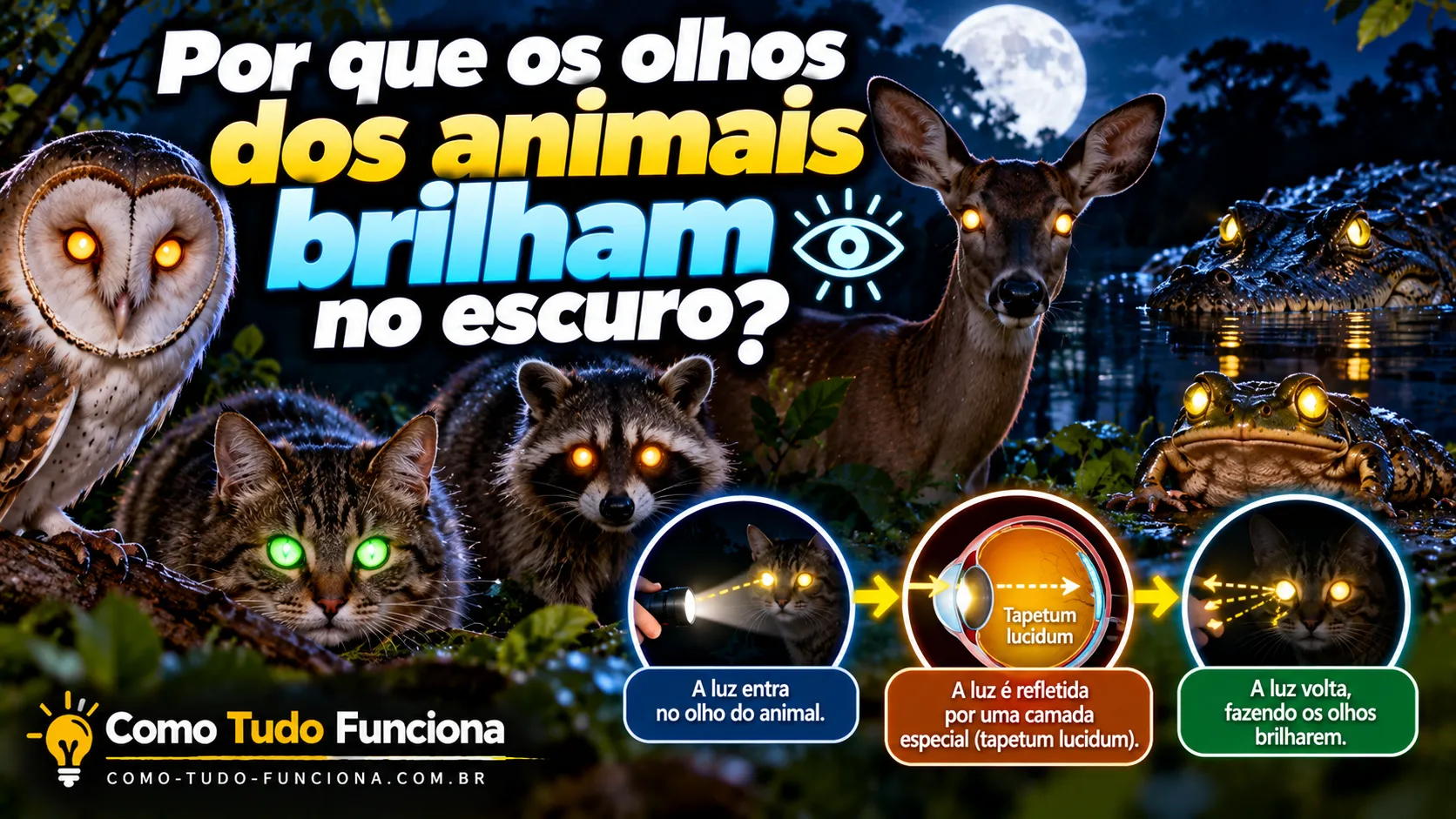 Gato, coruja, guaxinim, veado, jacaré e sapo com os olhos brilhando à noite, com o caminho da luz até o tapetum lucidum ilustrado e o título Por que os olhos dos animais brilham no escuro?