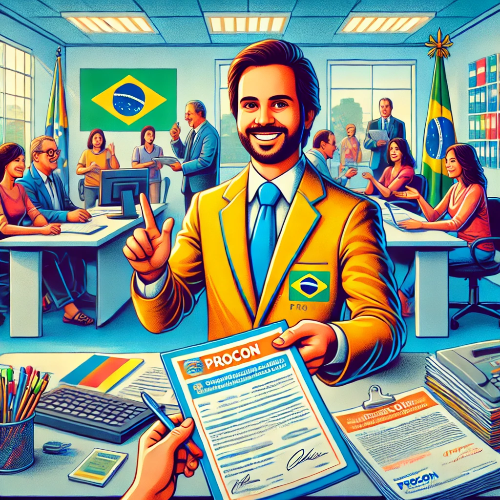 Ilustração de um atendente sorridente do Procon mostrando um documento em um escritório