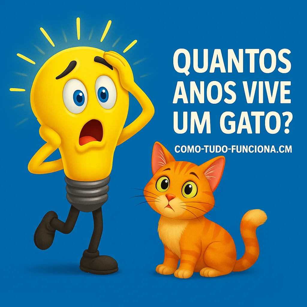 Mascote lâmpada ao lado de um gato laranja, com o título Quantos anos vive um gato?