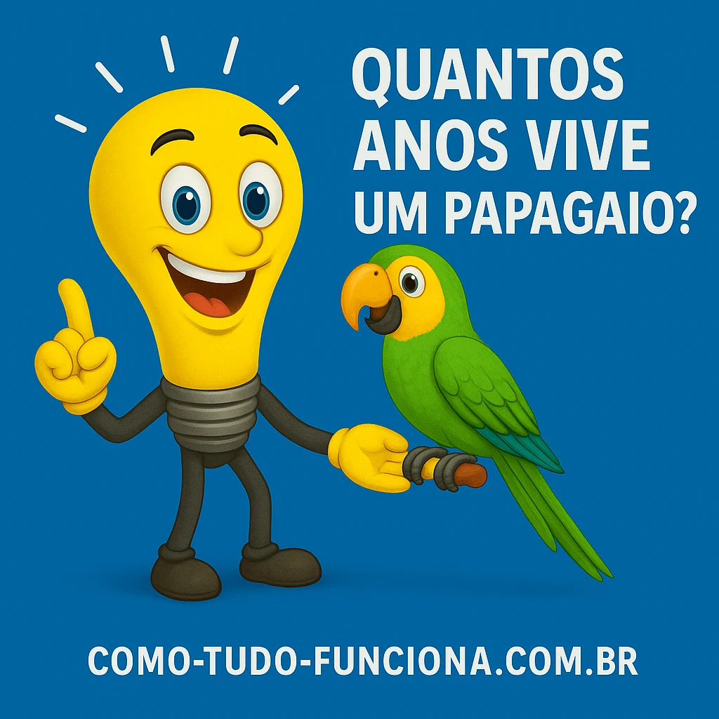 Mascote lâmpada com um papagaio verde, com o título Quantos anos vive um papagaio?
