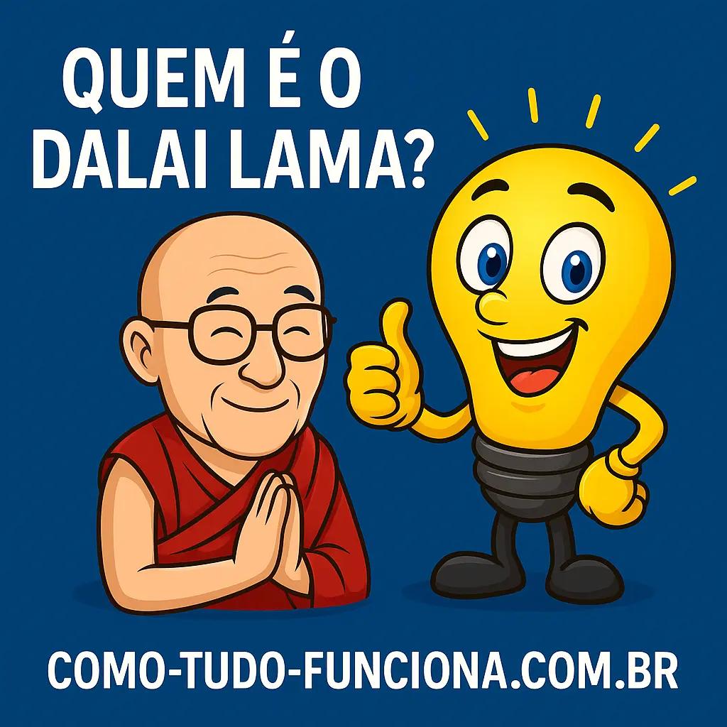 Mascote lâmpada ao lado do Dalai Lama sorrindo, com o título Quem é o Dalai Lama?