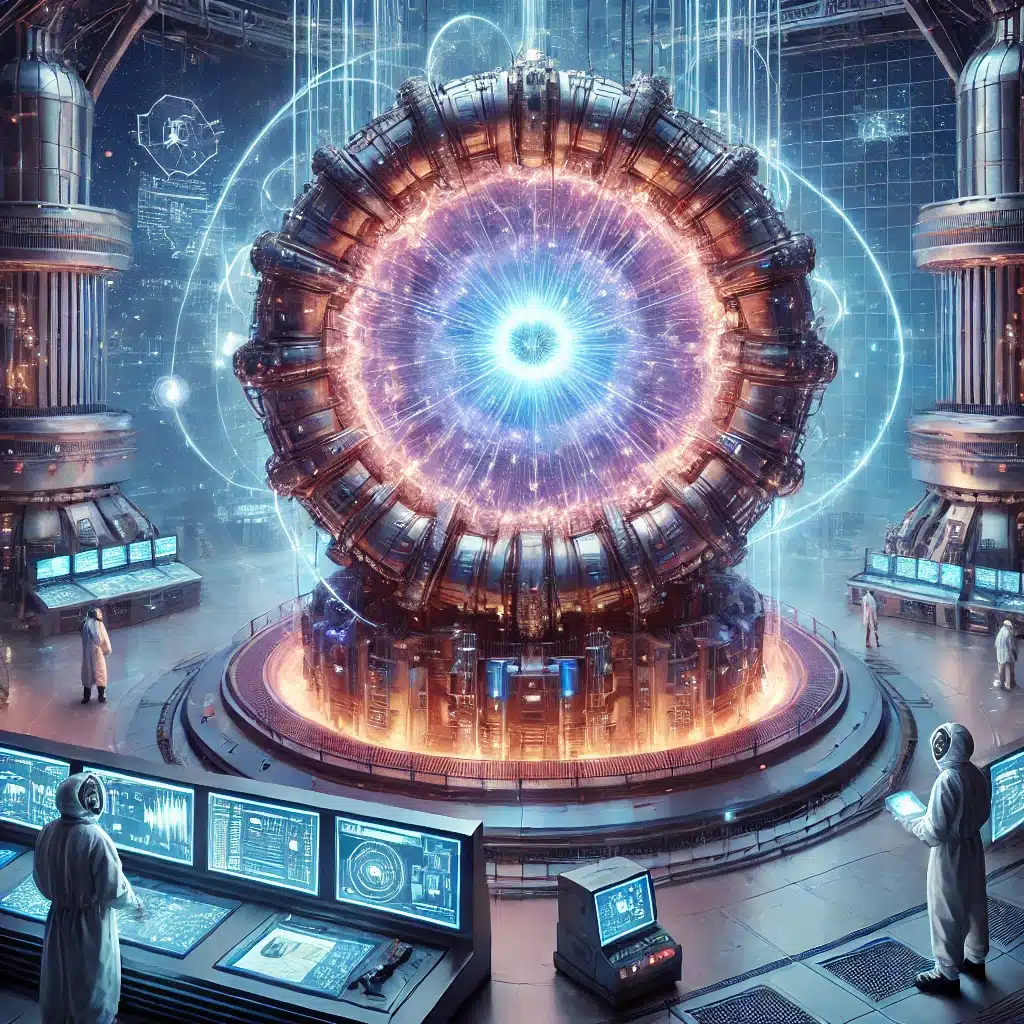 Reator de fusão com um anel de energia brilhante e cientistas ao redor