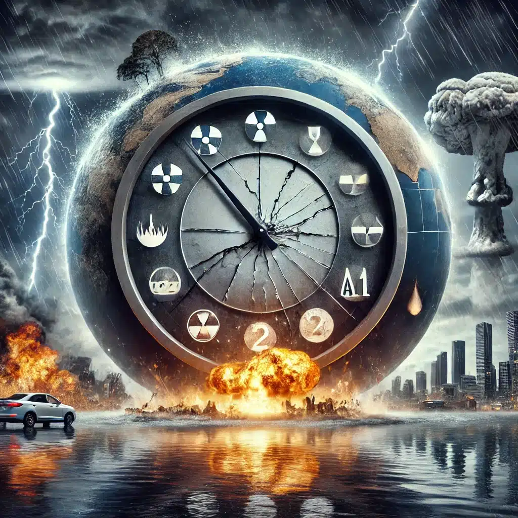 Ilustração dramática do Relógio do Juízo Final marcando 90 segundos para a meia-noite, com elementos de tecnologia e natureza ao fundo.
