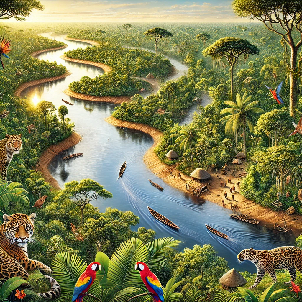 Rio sinuoso na floresta com onças, araras e canoas