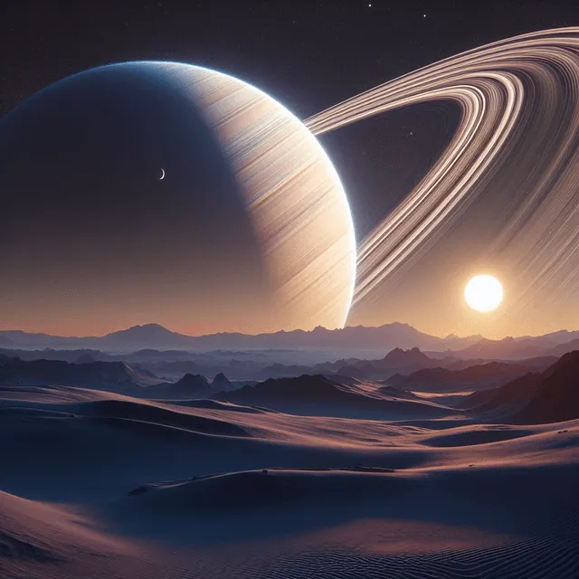 Saturno e seus anéis sobre uma paisagem ao pôr do sol