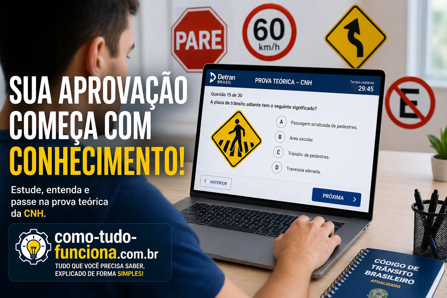 Notebook com um simulado da prova do Detran e placas de trânsito, com o título Sua aprovação começa com conhecimento