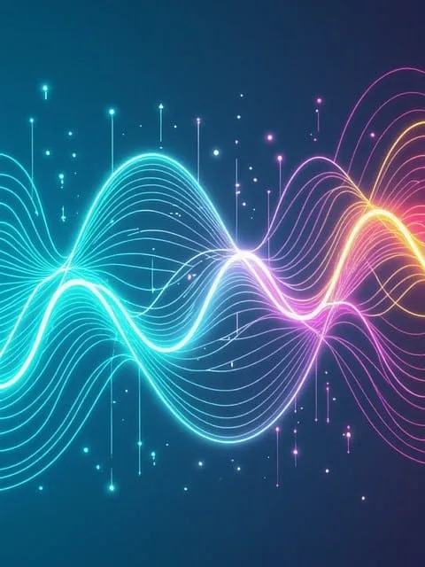 Ondas sonoras coloridas brilhando sobre um fundo azul
