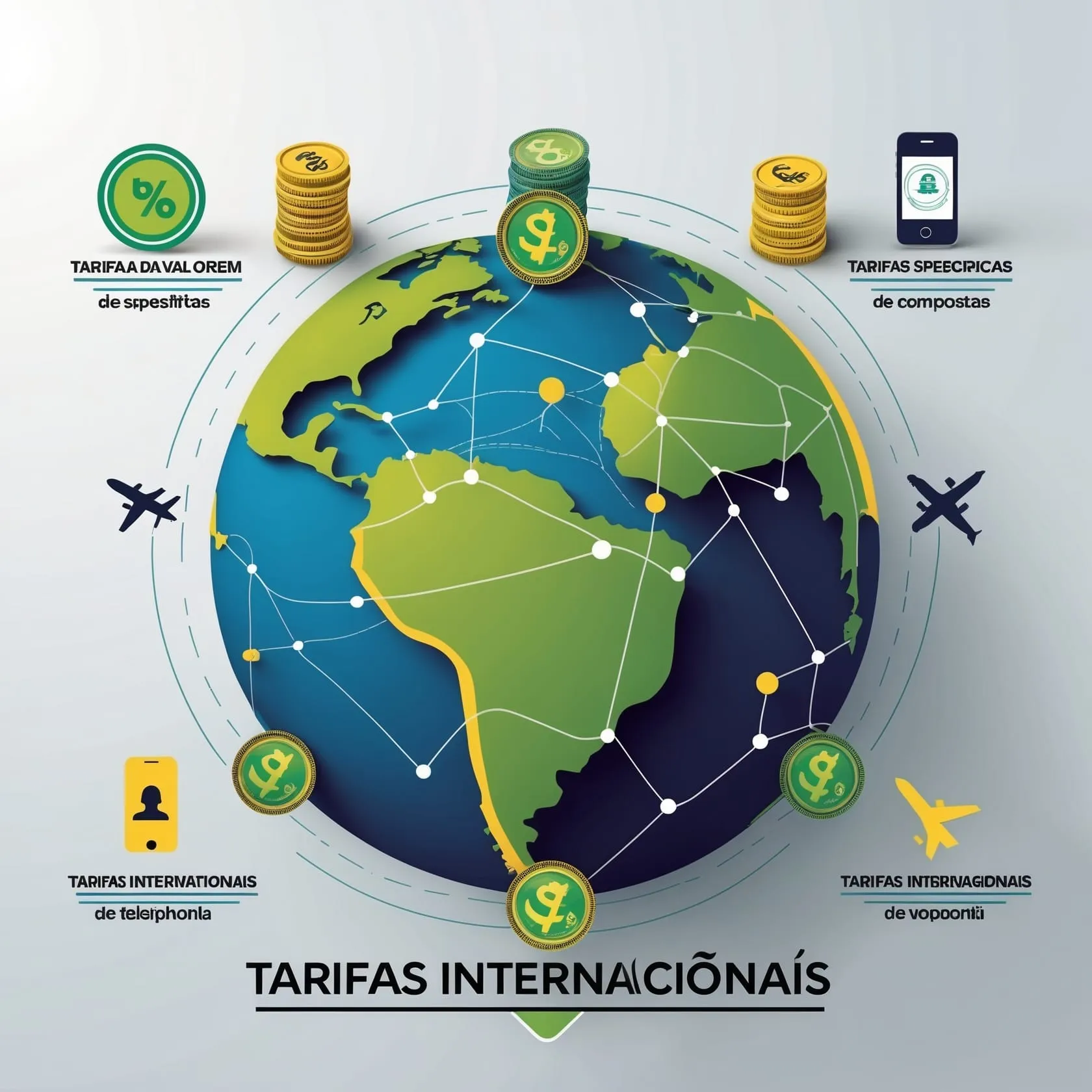 Globo terrestre com aviões, moedas e ícones ao redor, com o título Tarifas internacionais