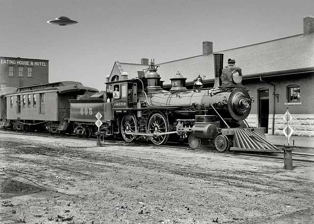 Foto em preto e branco de uma locomotiva a vapor numa estação com um objeto voador no céu