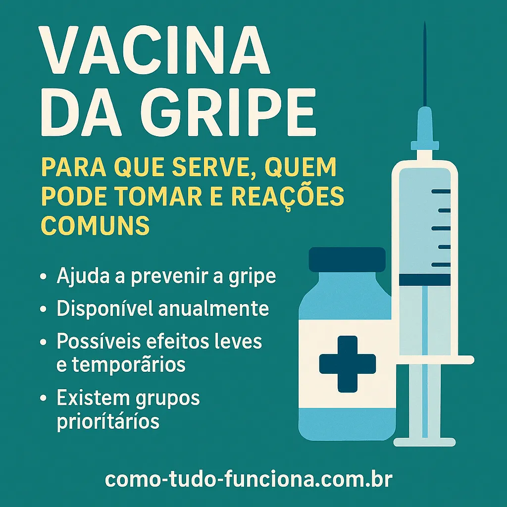 Seringa e frasco de vacina com o título Vacina da gripe: para que serve, quem pode tomar e reações comuns