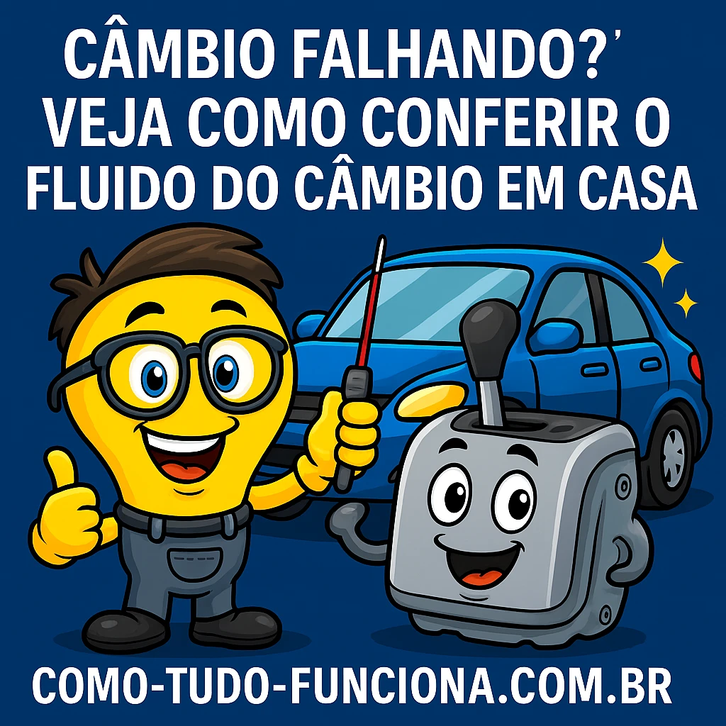 Mascote lâmpada ao lado de uma caixa de câmbio e um carro azul, com o título Câmbio falhando?