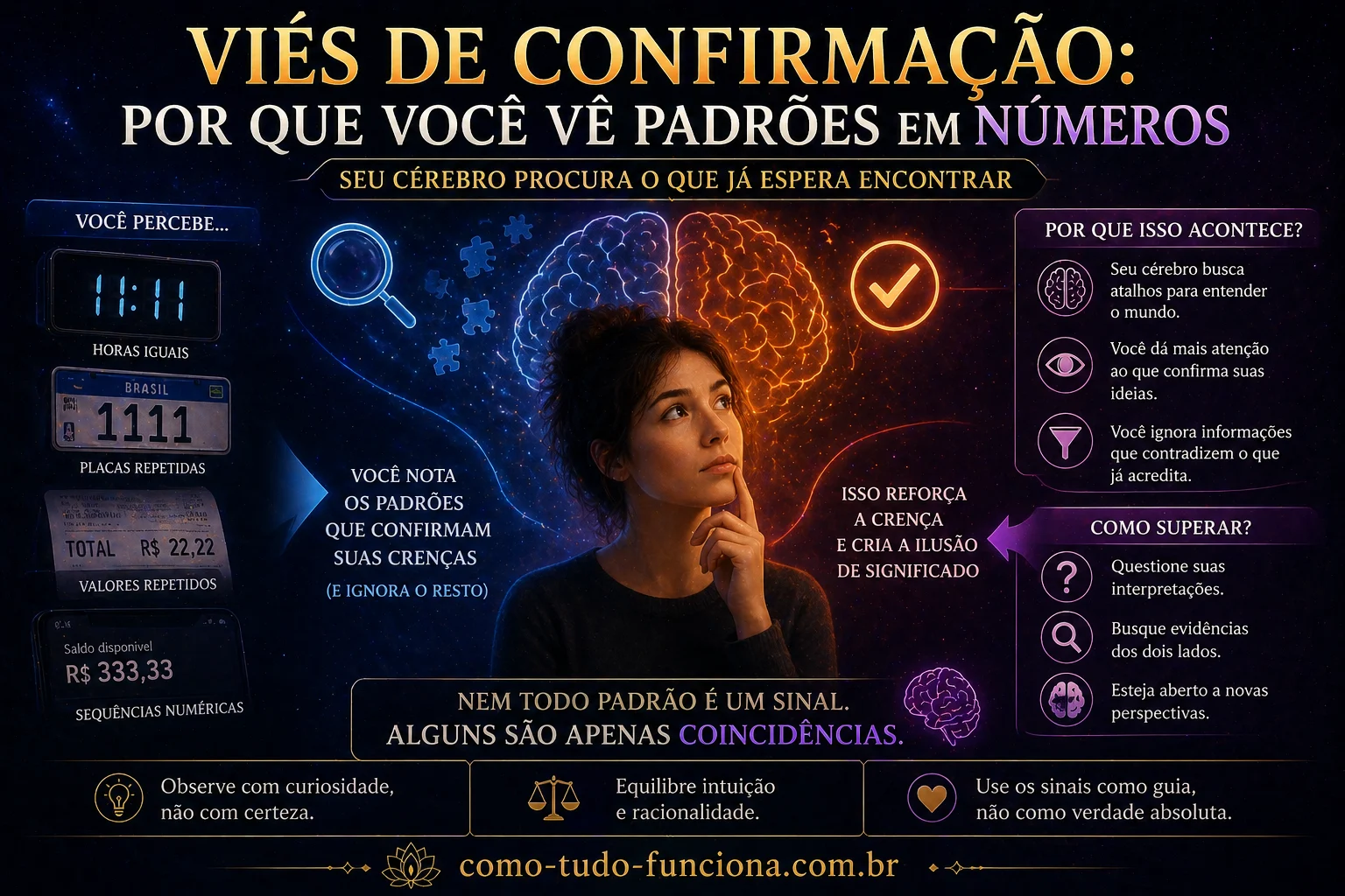Mulher diante de números e sinais repetidos, com o título Viés de confirmação: por que você vê padrões em números