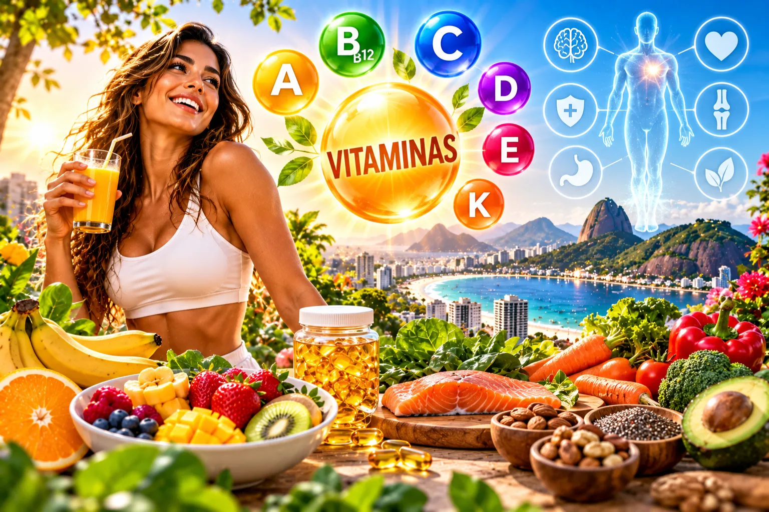 Mulher sorridente diante de frutas, legumes e peixe, com os símbolos das vitaminas A, B, C, D, E e K
