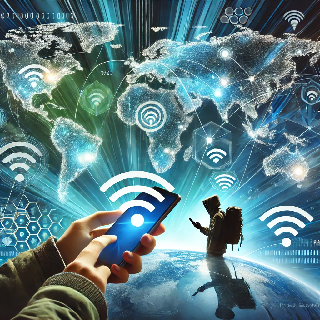 Pessoas usando o celular diante de um mapa-múndi com símbolos de Wi-Fi