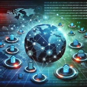 Ilustração digital mostrando o globo terrestre conectado por linhas de luz representando a rede mundial de computadores.