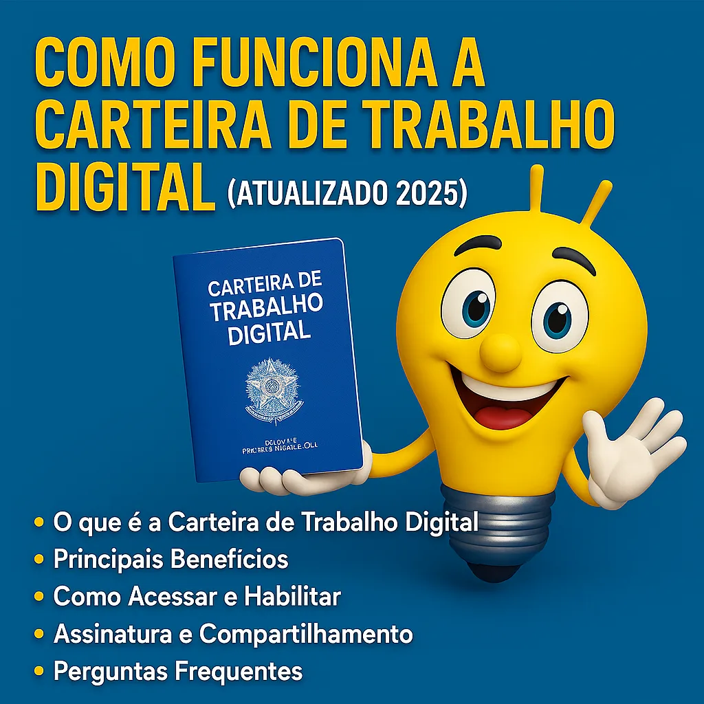 Mascote do site Como Tudo Funciona segurando um smartphone com a Carteira de Trabalho Digital aberta na tela, simbolizando a modernidade.